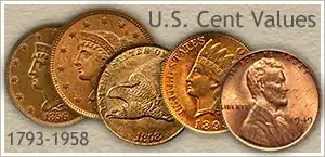 Pennies, 1793-1958. Second coin from left shows Greek(?) woman encircled in stars