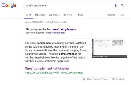Google screenshot: "Showing results for one's complement. Search instead for one's' compliment." Wikipedia search result: "The ones' complement..." 