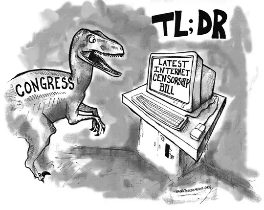 Cartoon: a dinosaur (representing the US Congress) dismisses the 'latest internet censorship bill' as 'TLDR'