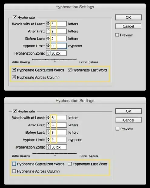 Hyphenation settings in InDesign
