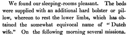 We found our sleeping rooms pleasant The beds were supplied with an additional hard bolster or pillow whereon to rest the lower limbs which has obtained the somewhat equivocal name of Dutch wife