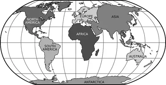 A map of the world, which names each of the seven continents.