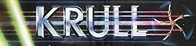 close-up of title art from movie poster, featuring *the Glaive* slashing through the word "Krull"