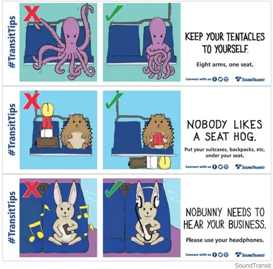 Sound Transit seat graphics showing animals in correct and incorrect seated posture