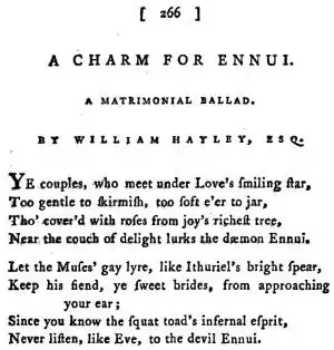 A Charm for Ennui. A Matrimonial Ballad by William Hayley Esq.