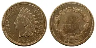 Indian head on front, "One cent" surrounded by wreath on back