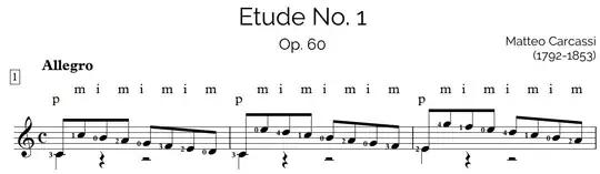 Carcassi Etude No. 1, mm. 1–3. Score for classical guitar notated in two voices. Rests in the bass voice occur at the same time at note in the upper voice.