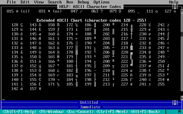 ASCII Character Codes 128-255