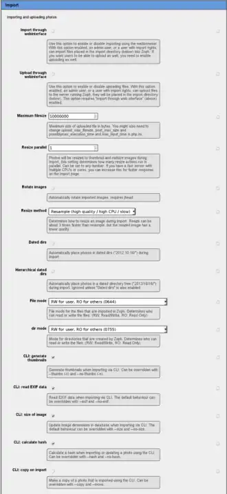 Screenshot: import settings on configuration page