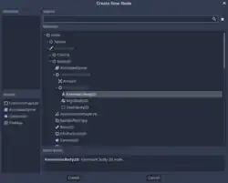 Godot's "Create New Node" popup with the "KinematicBody2D" node highlighted.