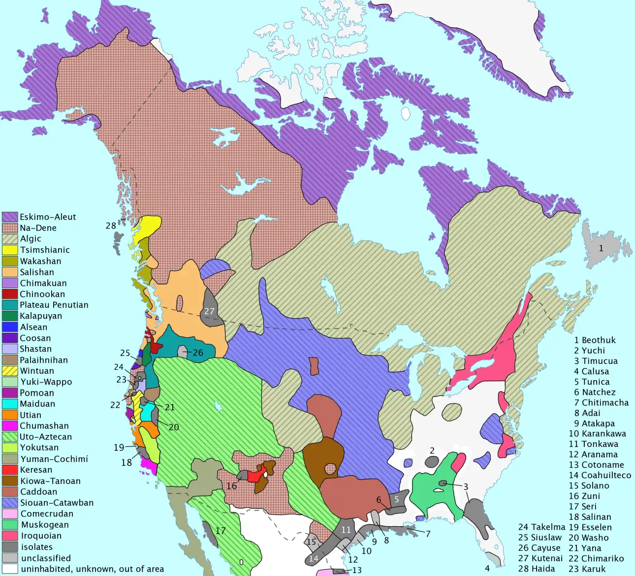 Distribution of language families, language isolates and unclassified languages in Canada and United States before European contact
