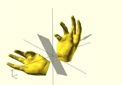 hand(); // original mirror([1,1,1]) hand();