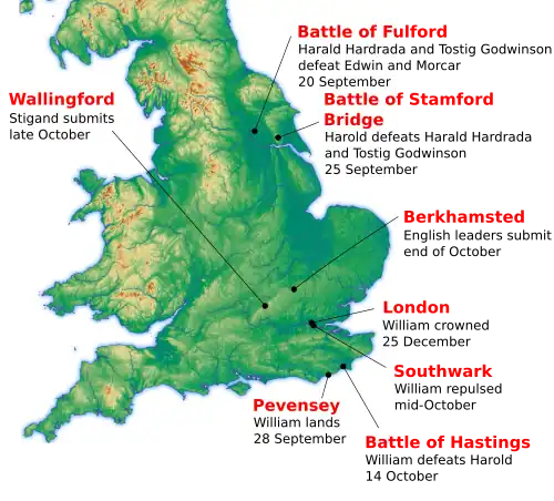 Map showing majour evemts of 1066