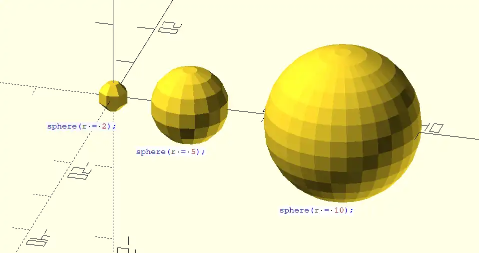 Sample OpenSCAD spheres, showing clearly the difference in scale.