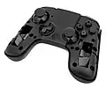 An Ouya controller with faceplates removed. Straps ease the removal the of AA batteries powering the controller.