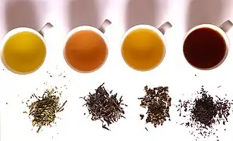 Different grades of tea (left to right: green, white/yellow, oolong, black)