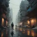 Illustration of the cyberpunk genre, a street scene without e.g. neon lights which are present in most if not all comparable free media depicting the genre
