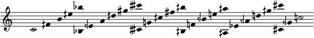 
\fixed c' {
\hide Staff.TimeSignature
\hide Staff.Stem
\hide Staff.Beam
\hide Score.BarNumber
\accidentalStyle modern
\cadenzaOn
c2 fqs4 b eqs' <bf' bf,> eqf a dqs' gs' <ctqs'' ctqs> g cqs' fs' <bqs' bqs,> f bqf e' <aqs' aqs,> ef aqf d' gqs' <cs'' cs> gqf c'2
}
