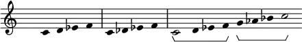 
\layout{\context{\Voice\consists Horizontal_bracket_engraver}}
\fixed c' {
\hide Staff.TimeSignature
\hide Staff.Stem
\hide Staff.Beam
\hide Score.BarNumber
\accidentalStyle forget
\cadenzaOn
c4 d ef f \bar"|" c df ef f \bar"|" c2\startGroup d4 ef f\stopGroup g\startGroup af bf c'2\stopGroup
}
