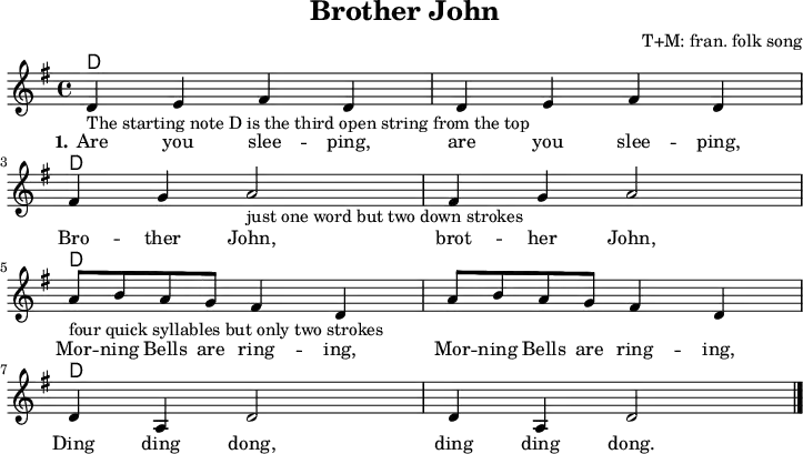 
\version "2.20.0"
\header {
 title = "Brother John"
 composer = "T+M: fran. folk song"
 % arranger = "arr: ccbysa Mjchael"
}
% Akkorde
akkorde = \chordmode {
  \germanChords
  \set Staff.midiInstrument = #"acoustic guitar (nylon)"
  % Akkorde nur beim Wechsel Notieren
  \set chordChanges = ##t
  d,4 d d, d | d,4 d d, d | \break
  d,4 d d, d | d,4 d d, d | \break
  d,4 d d, d | d,4 d d, d | \break
  d,4 d d, d | d,4 d d, d 
}

melodie = \relative c' {
  \clef "treble"
  \time 4/4
  \tempo 4 = 120
  %Tempo ausblenden
  \set Score.tempoHideNote = ##t
  \key g\major
  \set Staff.midiInstrument = #"trombone"
  d4-"The starting note D is the third open string from the top" e fis d | d e fis d | 
  fis g a2 _"just one word but two down strokes" | fis4 g a2 |
  a8_"four quick syllables but only two strokes" b a g fis4 d | a'8 b a g fis4 d |
  d a d2 | d4 a d2
  \bar "|."
}

text = \lyricmode {
  \set stanza = "1."
  Are you slee -- ping, are you slee -- ping,
Bro -- ther John, brot -- her John,
Mor -- ning Bells are ring -- ing, 
Mor -- ning Bells are ring -- ing, 
Ding ding dong, ding ding dong.
}

\score {
  <<
    \new ChordNames { \akkorde }
    \new Voice = "Lied" { \melodie }
    \new Lyrics \lyricsto "Lied" { \text }
  >>
  \midi { }
  \layout { }
}

% unterdrückt im raw="!"-Modus das DinA4-Format.
\paper {
  indent=0\mm
  % DinA4 0 210mm - 10mm Rand - 20mm Lochrand = 180mm
  line-width=180\mm
  oddFooterMarkup=##f
  oddHeaderMarkup=##f
  % bookTitleMarkup=##f
  scoreTitleMarkup=##f
}
