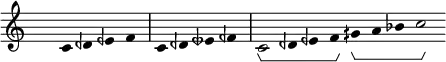 
\layout{\context{\Voice\consists Horizontal_bracket_engraver}}
\fixed c' {
\hide Staff.TimeSignature
\hide Staff.Stem
\hide Staff.Beam
\hide Score.BarNumber
\accidentalStyle forget
\cadenzaOn
c4 dqf eqf f \bar"|" c dqf etqf fqf \bar"|" c2\startGroup dqf4 eqf f\stopGroup gqs\startGroup a bf c'2\stopGroup
}
