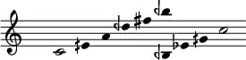 
\fixed c' {
\hide Staff.TimeSignature
\hide Staff.Stem
\hide Staff.Beam
\hide Score.BarNumber
\accidentalStyle modern
\cadenzaOn
c2 eqs4 a dqf' fs' <bqf' bqf,> ef gqs c'2
}
