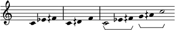 
\layout{\context{\Voice\consists Horizontal_bracket_engraver}}
\fixed c' {
\hide Staff.TimeSignature
\hide Staff.Stem
\hide Staff.Beam
\hide Score.BarNumber
\accidentalStyle forget
\cadenzaOn
c4 ef fqs \bar"|" c dqs f \bar"|" c2\startGroup ef4 fqs\stopGroup g\startGroup aqs c'2\stopGroup
}
