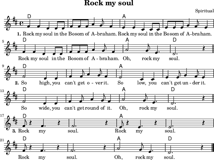 
\version "2.20.0"
\header {
  title = "Rock my soul"
  composer = "Spiritual"
  % arranger = "arr: ccbysa Mjchael"
}

myChords = \chordmode {

  \set Staff.midiInstrument = #"acoustic guitar (nylon)"
  % Akkorde nur beim Wechsel Notieren
  \set chordChanges = ##t

  \repeat volta 3 {
    d,4  d  d,  d  |  d,4  d  d,  d  |
    a,,4 a, a,, a, |  a,,4 a, a,, a, |
    d,4  d  d,  d  |  d,4  d  d,  d  |
    a,,4 a, a,, a, |  d,4  d  d,  d  |
  }
}

myMelody = \relative c' {
  \clef "treble"
  \time 4/4
  \tempo 4 = 120
  %Tempo ausblenden
  \set Score.tempoHideNote = ##t
  \key d\major
  \set Staff.midiInstrument = #"trombone"
  fis4 fis d d8 d | fis fis fis a4 g8 fis4 |
  e e cis cis8 cis | e e e g4 fis8 e4 | \break
  fis4 fis d d8 d | fis fis fis a4 g8 fis4 |
  a2 g8 e4. | d2. r4
  \bar "||" \break
  fis2 d4 4 | fis4 8 a4 g8 fis4 |
  e2 cis4 4 | e4 8 g4 fis8 e4 | \break
  fis2 d4 4 | fis4 8 a4 g8 fis4 |
  a2 g8 e4. | d2. r4
  \bar "||" \break
  fis8 r4 fis4. r4 | fis2. r4 |
  e8 r4 e4. r4 | e2. r4 |
  fis8 r4 fis4. r4 | fis2. r4 |
  a2 g8 e4. | d2. r4
  \bar "|."
}

myLyrics = \lyricmode {
  \set stanza = "1."
  Rock my soul in the Bo -- som of A -- bra -- ham.
  Rock my soul in the Bo -- som of A -- bra -- ham.
  Rock my soul in the Bo -- som of A -- bra -- ham.
  Oh, rock my soul.
  \set stanza = "2."
  So high, you can't get o -- ver it.
  So low, you can't get un -- der it.
  So wide, you can't get round of it.
  Oh, rock my soul.
  \set stanza = "3."
  Rock my soul.
  Rock my soul.
  Rock my soul.
  Oh, rock my soul.
}

\score {
  <<
    \new ChordNames { \unfoldRepeats \myChords }
    \new Voice = "Song" { \myMelody }
    \new Lyrics \lyricsto "Song" { \myLyrics }
    % \new TabStaff { \myChords } % Test
  >>
  \midi { }
  \layout { }
}

% unterdrückt im raw="1"-Modus das DinA4-Format.
\paper {
  indent=0\mm
  % DinA4 0 210mm - 10mm Rand - 20mm Lochrand = 180mm
  line-width=180\mm
  oddFooterMarkup=##f
  oddHeaderMarkup=##f
  % bookTitleMarkup=##f
  scoreTitleMarkup=##f
}
