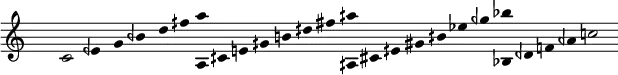 
\fixed c' {
\hide Staff.TimeSignature
\hide Staff.Stem
\hide Staff.Beam
\hide Score.BarNumber
\accidentalStyle modern
\cadenzaOn
c2 eqf4 g bqf d' fqs' <a, a'> cqs e gqs b dqs' fs' <aqs, aqs'> cs eqs gs bqs ef' gqf' <bf, bf'> dqf f aqf c'2
}
