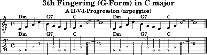 
\version "2.20.0"
\header {
  title="3th Fingering (G-Form) in C major"
  subtitle="A II-V-I-Progression (arpeggios)"
}
%% Diskant- bzw. Melodiesaiten
Diskant = \relative c {
  \set TabStaff.minimumFret = #4
  \set TabStaff.restrainOpenStrings = ##t
  \key c \major
  
  d4^\markup { \bold {Dm} } f a d |
  b^\markup { \bold {G7} } g f d |
  e^\markup { \bold {C} } g c2~ | c1 |
  d,4^\markup { \bold {Dm} } f a d |
  b^\markup { \bold {G7} } g f d |
  e^\markup { \bold {C} } g c2~ | c1 
  \bar "|."
}

%% Layout- bzw. Bildausgabe
\score {
  <<
    \new Voice  { 
      \clef "treble_8" 
      \time 4/4  
      \tempo 4 = 120 
      \set Score.tempoHideNote = ##t
      \Diskant 
    }
    \new TabStaff { \tabFullNotation \Diskant }
  >>
  \layout {}
}

%% Midiausgabe mit Wiederholungen, ohne Akkorde
\score {
  <<
    \unfoldRepeats {
      \new Staff  <<
        \tempo 4 = 120
        \time 4/4
        \set Staff.midiInstrument = #"acoustic guitar (nylon)"
        \clef "G_8"
        \Diskant
      >>
    }
  >>
  \midi {}
}
%% unterdrückt im raw="!"-Modus das DinA4-Format.
\paper {
  indent=0\mm
  %% DinA4 = 210mm - 10mm Rand - 20mm Lochrand = 180mm
  line-width=180\mm
  oddFooterMarkup=##f
  oddHeaderMarkup=##f
  % bookTitleMarkup=##f
  scoreTitleMarkup=##f
}
