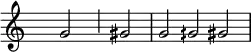 
\fixed c' {
\hide Staff.TimeSignature
\time 3/2
g2 \once \override NoteHead.transparent = ##t g gs |
g gqs gs
}
