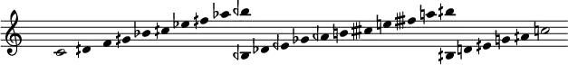 
\fixed c' {
\hide Staff.TimeSignature
\hide Staff.Stem
\hide Staff.Beam
\hide Score.BarNumber
\accidentalStyle modern
\cadenzaOn
c2 dqs4 f gqs bf cqs' ef' fqs' af' <bqf' bqf,> df eqf gf aqf b ctqs' e' ftqs' a' <bqs' bqs,> d eqs g aqs c'2
}
