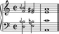 
\new PianoStaff <<
\new Staff { \time 2/2 \clef treble \accidentalStyle modern
\fixed c' {
<f bqf>2 <e gs> <e a>1 \bar "||"
}}
\new Staff { \clef bass
\fixed c {
<d bqf>2 <e b> <a, c'>1
}}
>>
