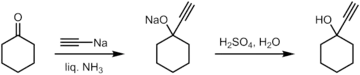 Synthesis of 1-ethynylcyclohexanol from cyclohexanone.