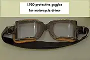 Safety glasses for motorcycle drivers, circa 1930, to protect against rain, wind and insects