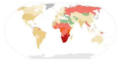 alt=Estimated prevalence in % of HIV among young adults (15–49) per country as of 2011.

 


 
&nbsp;&nbsp;No data
&nbsp;&nbsp;<0.10
&nbsp;&nbsp;0.10–0.5
&nbsp;&nbsp;0.5–1

 
&nbsp;&nbsp;1–5
&nbsp;&nbsp;5–15
&nbsp;&nbsp;15–50