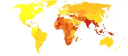 Asthma deaths per million persons in 2012&nbsp;&nbsp;0–10&nbsp;&nbsp;11–13&nbsp;&nbsp;14–17&nbsp;&nbsp;18–23&nbsp;&nbsp;24–32&nbsp;&nbsp;33–43&nbsp;&nbsp;44–50&nbsp;&nbsp;51–66&nbsp;&nbsp;67–95&nbsp;&nbsp;96–251