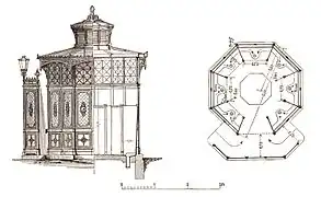 Elevation, section and plan drawings of an octagonal pissoirs in Berlin, 1896
