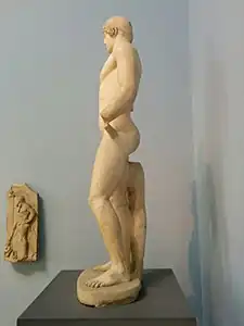 Prominent, muscular buttocks are a standard feature of athletic and military artwork from Ancient Greece, as demonstrated by this statue of a boxer. British Museum (c. 460 BC)