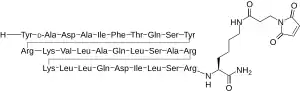 Peptide sequence of CJC-1295 showed with 3-letter nomenclature and fully specified DAC (side-chain extended lysine)