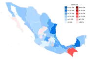 Percentage of increase or decrease of new cases by state by week (as of August 11, 2020[update])