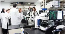 Researchers standing and discussing in an imaging facility/laboratory which is surrounded by advanced electron and various other microscopes
