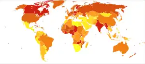 Deaths due to falls per million persons in 2012 &nbsp;&nbsp;0–15&nbsp;&nbsp;16–21&nbsp;&nbsp;22–33&nbsp;&nbsp;34–44&nbsp;&nbsp;45–55&nbsp;&nbsp;56–69&nbsp;&nbsp;70–88&nbsp;&nbsp;89–106&nbsp;&nbsp;107–129&nbsp;&nbsp;130–314