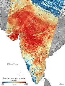 Visualisation of temperature of India, showing many parts of the country exceeding 40 degrees Celsius.