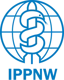 A blue line illustration of a missile intertwined with a serpent imposed on a blank globe. Below it are the capital letters "I P P N W".