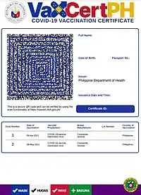 The VaxCERTPH COVID-19 Vaccination Certificate was issued by the Department of Health in the Philippines after receiving COVID-19 vaccination in 2021.