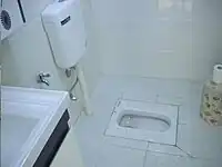 Porcelain squat toilet with water tank for flushing (Wuhan, China)