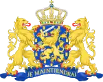 Azure, billetty Or a lion with a coronet Or armed and langued Gules holding in his dexter paw a sword Argent hilted Or and in the sinister paw seven arrows Argent pointed and bound together Or. [The seven arrows stand for the seven provinces of the Union of Utrecht.] The shield is crowned with the (Dutch) royal crown and supported by two lions Or armed and langued gules. They stand on a scroll Azure with the text (Or) "Je Maintiendrai" (French for "I will maintain".)