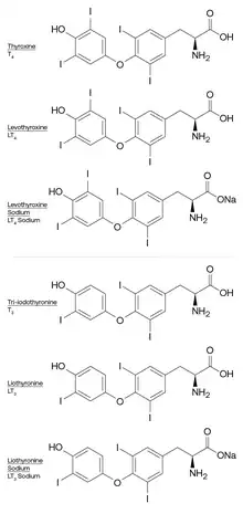 Molecular structure of Thyroxine, Levothyroxine, Levothyroxine Sodium, Tri-iodothyronine, Liothyronine, and Liothyronine Sodium.