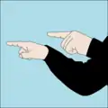 Who will lead, who will follow: One hand pointed at the diver who will lead then positioned in front of the body, pointing forward, then other hand pointed to the diver who will follow and positioned behind the first, direction indicated with forefingers.